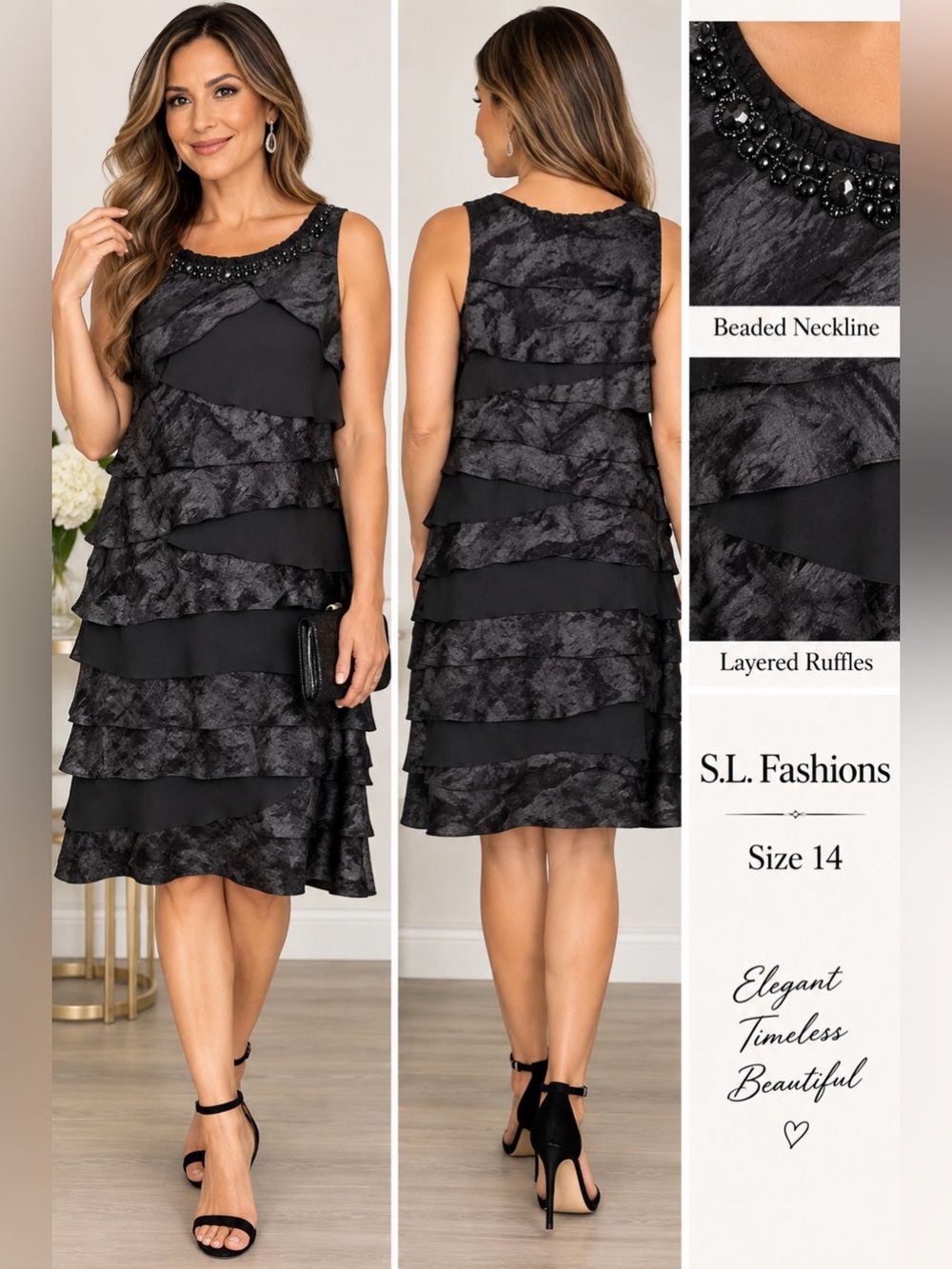 S.L. Fashions Black Gray Tiered Ruffle Beaded Dress Size 14